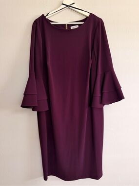 Calvin Klein Plum Tiered Bell Sleeve Sheath Dress Plus Size 14W